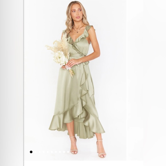 SMALL Samantha Ruffle Wrap Dress - Moss Green Luxe Satin - Show Me Your MuMu - Picture 1 of 4
